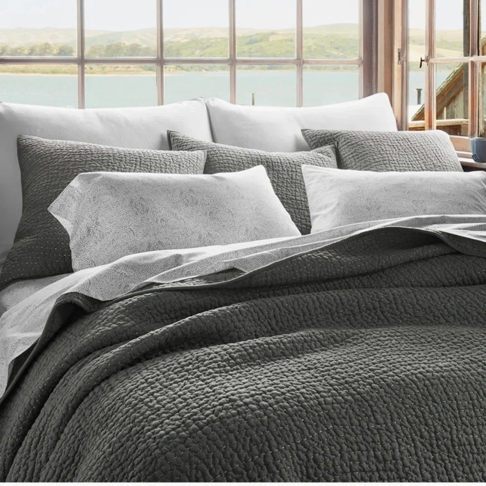 COYUCHI Pebbled Handstitched Organic Quilt $448 Sz  KING , NEW  Color: Slate